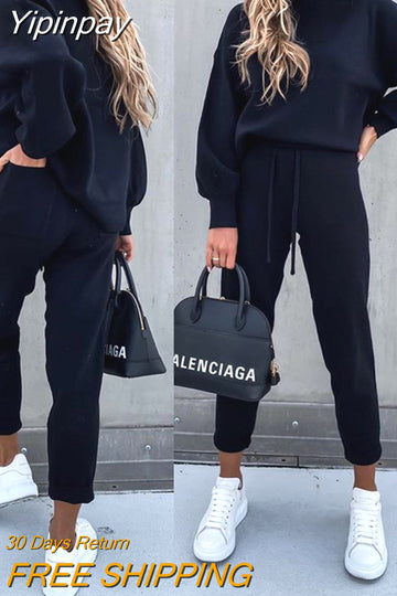 Yipinpay Women Solid Lantern Sleeve Top & Drawstring Pockets Design Pants Set Casual Women Sets